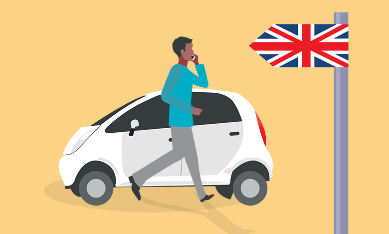 Animated image of a guy with broken down car on his phone, a UK flag in the image showing he is in UK