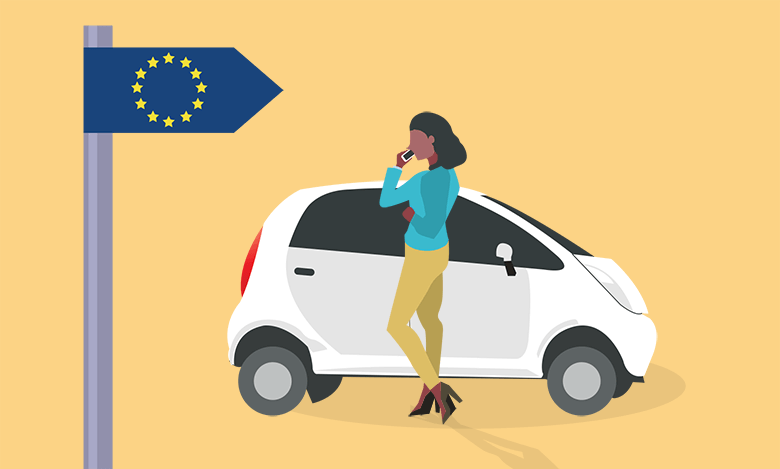 Animated image of a girl with broken down car on her phone, a EU flag in the image showing she is in Europe